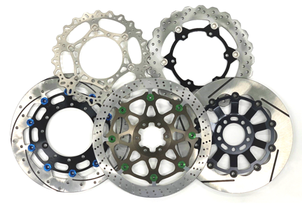 Collection of motorcycle disc brakes on a white background